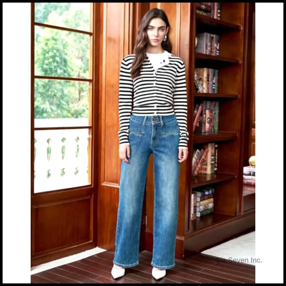 High Waisted Wide Leg Jeans Stretchy Tummy Control Relaxed Fit Trendy Denim